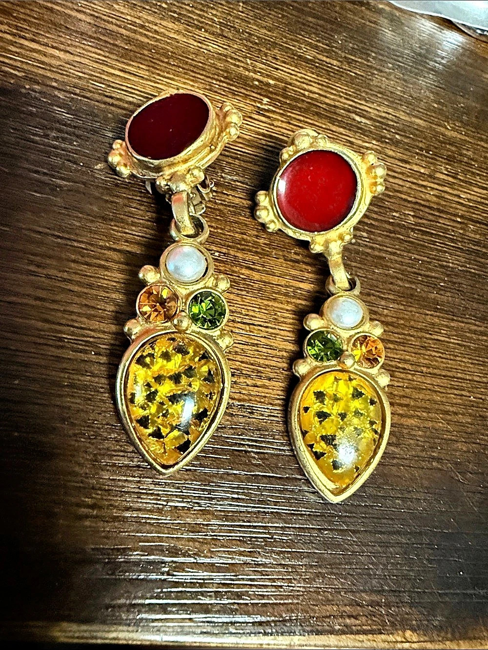 Vintage multi stone Gold-Tone Dangle Clip-On Earrings